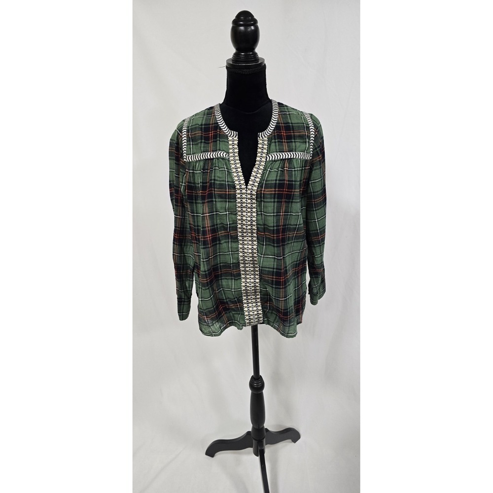 J. Crew women 4 top multicolor‎ plaid long sleeve split neck embroidered preppy